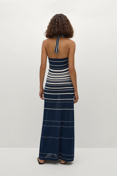 The Axel Maxi Accordian Stripe Dress in Cream Navy